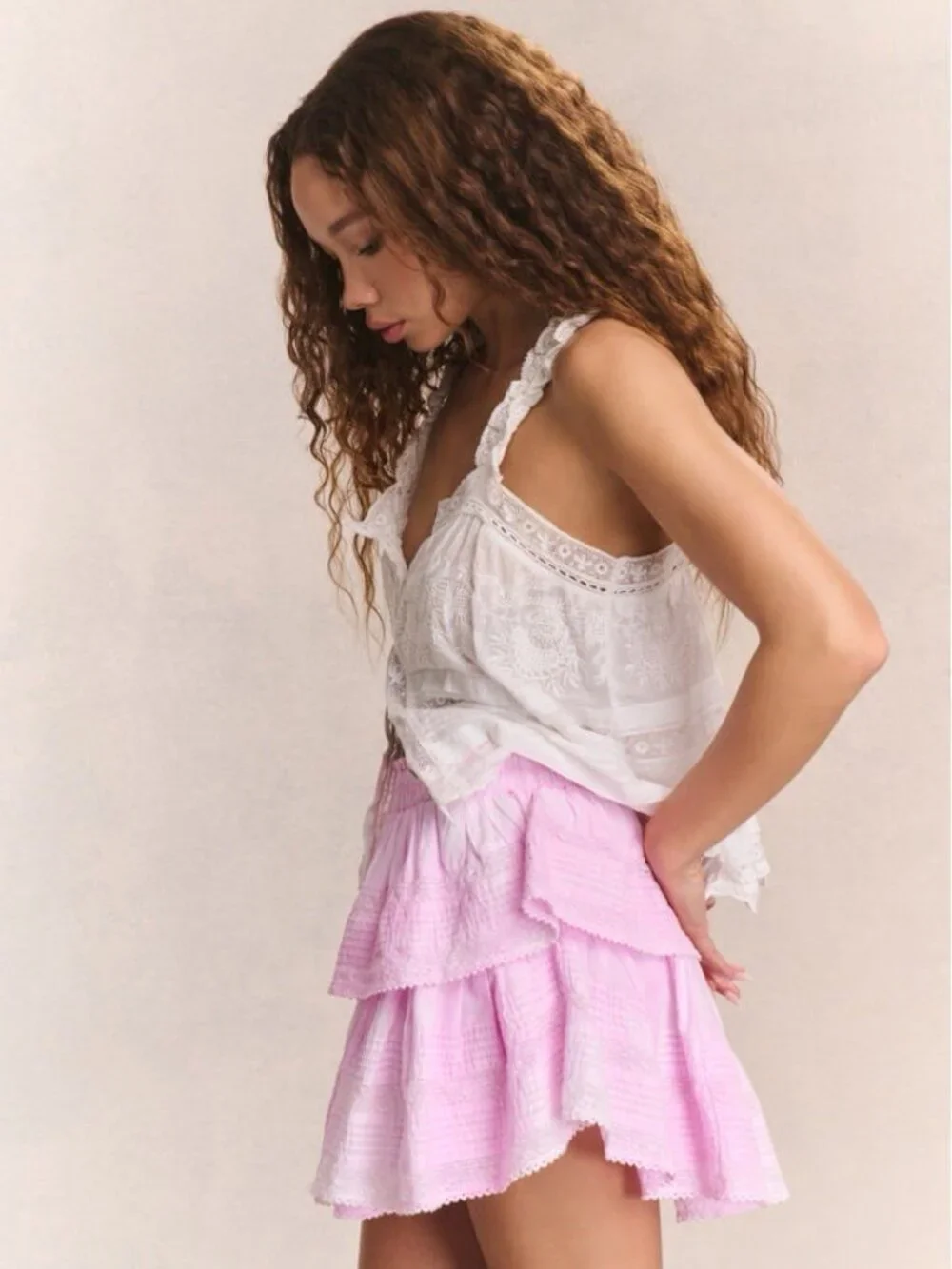 LoveShackFancy Ruffle Mini Skirt Pink Begonia Hand Tie Dye M NWT Cotton Lace